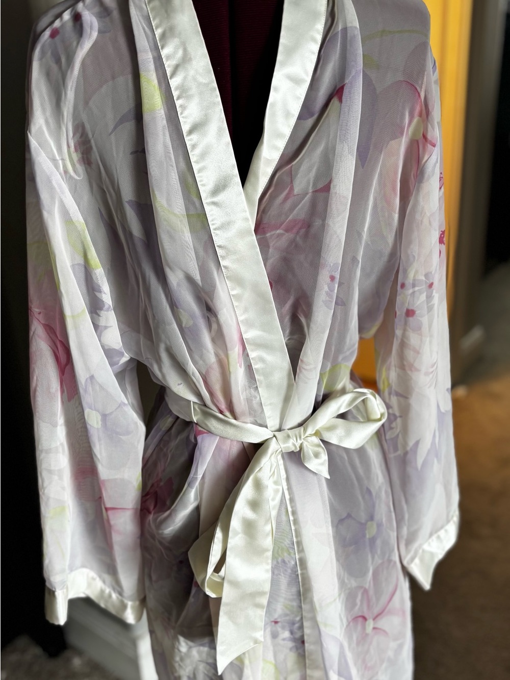 Lord & Taylor Sheer Floral Kimono Robe with Tie Belt